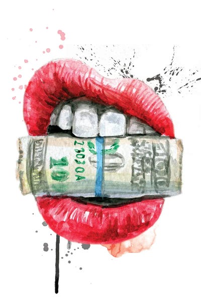 Red Watercolor Lips With Dollars by Ephrazy Graphics framed canvas print