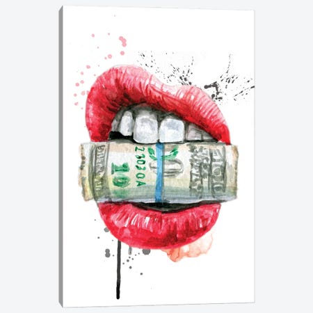 Red Watercolor Lips With Dollars Canvas Print #EPG61} by Ephrazy Graphics Art Print