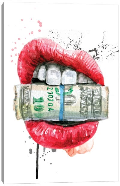Red Watercolor Lips With Dollars Canvas Art Print - Ephrazy Graphics