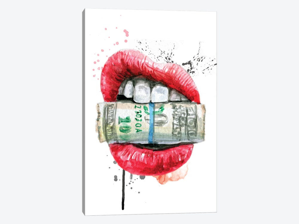 Red Watercolor Lips With Dollars by Ephrazy Graphics 1-piece Canvas Artwork