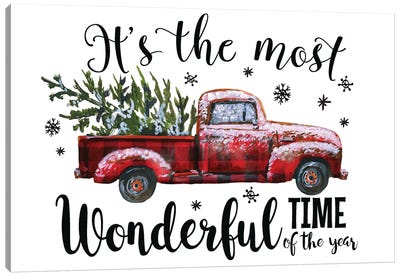 Christmas Plaid Truck. It'S The Most Wonderful Time Canvas Art Print - Trucks