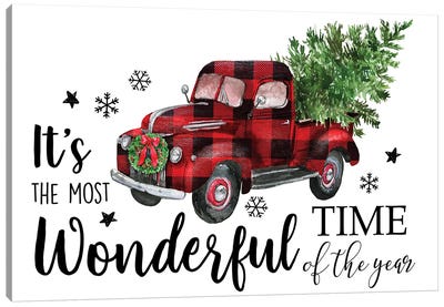 Red Plaid Christmas Truck Canvas Art Print - Christmas Signs & Sentiments