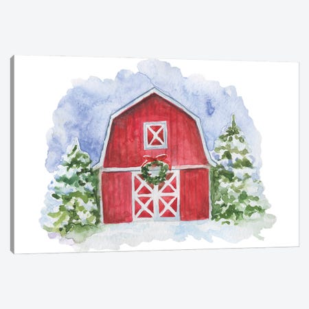 Christmas. Red Barn Canvas Print #EPG73} by Ephrazy Graphics Canvas Wall Art