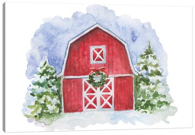 Christmas. Red Barn Canvas Art Print - Farmhouse Christmas Décor