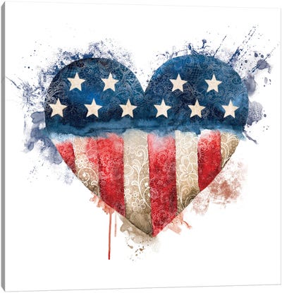 Usa Flag Lace Heart Canvas Art Print - Independence Day