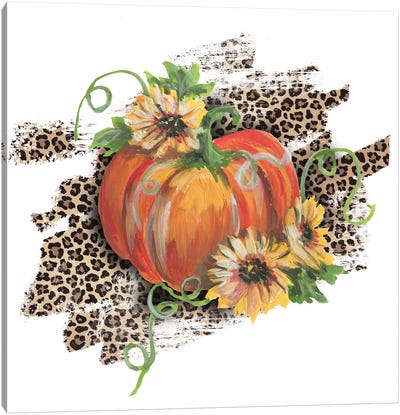 Pumpkin With Sunflowers Leopard Print Canvas Art Print - Pumpkins