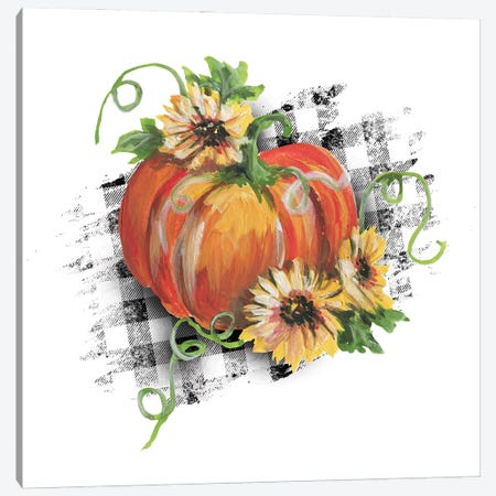Pumpkin With Sunflowers White Plaid Print Canvas Print #EPG85} by Ephrazy Graphics Canvas Wall Art