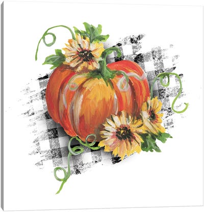Pumpkin With Sunflowers White Plaid Print Canvas Art Print - Pumpkins