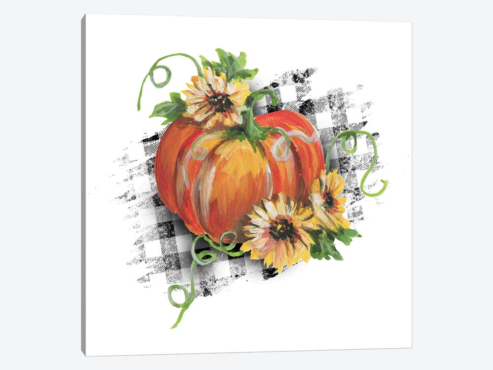 Pumpkin With Sunflowers White Plaid Print by Ephrazy Graphics 1-piece Canvas Artwork