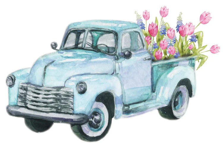 Spring Flower Teal Blue Truck