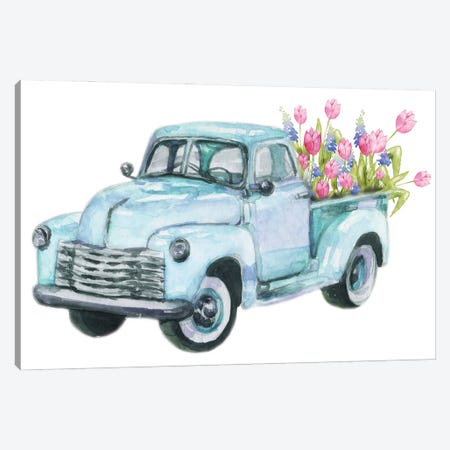 Spring Flower Teal Blue Truck Canvas Print #EPG94} by Ephrazy Graphics Canvas Print