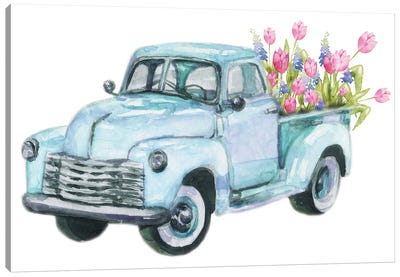Spring Flower Teal Blue Truck Canvas Art Print - Trucks