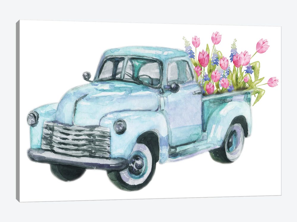 Spring Flower Teal Blue Truck by Ephrazy Graphics 1-piece Canvas Wall Art