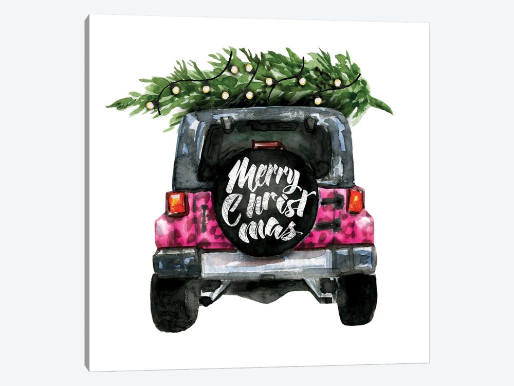 Christmas Jeep Back Pink Leopard Print by Ephrazy Graphics 1-piece Canvas Artwork
