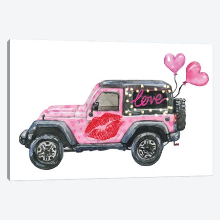 Valentine's Day Pink Jeep Canvas Print #EPG99} by Ephrazy Graphics Canvas Wall Art