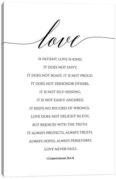 Love Is Patient, Love Is Kind, 1 Corinthians 13:4-8 Canvas Art Print - Romantic Bedroom Art