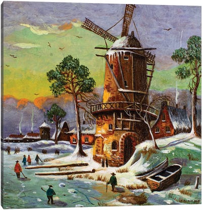 The Mill In The Snow Canvas Art Print - Watermill & Windmill Art