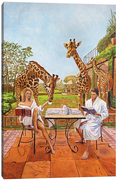 Breakfast With Giraffes Canvas Art Print - Reading Art