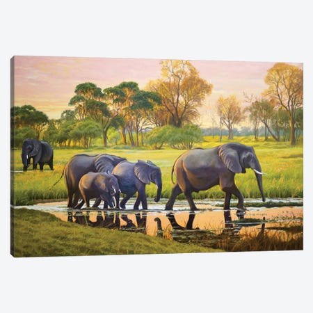 Elephants At Sunset Canvas Print #ERL44} by Evgeniya Roslik Canvas Art