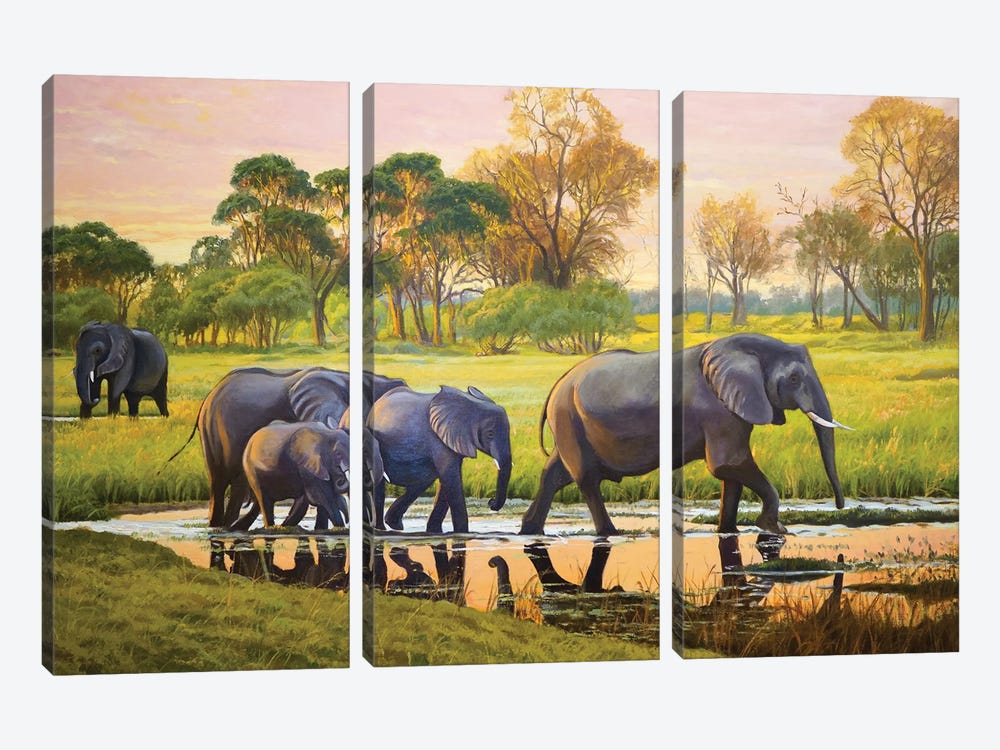 Elephants At Sunset by Evgeniya Roslik 3-piece Canvas Art
