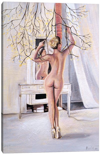 The Girl With The Mirror Canvas Art Print - Evgeniya Roslik