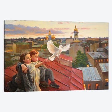 Children With A Pigeon Canvas Print #ERL59} by Evgeniya Roslik Canvas Art