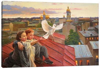 Children With A Pigeon Canvas Art Print - Evgeniya Roslik