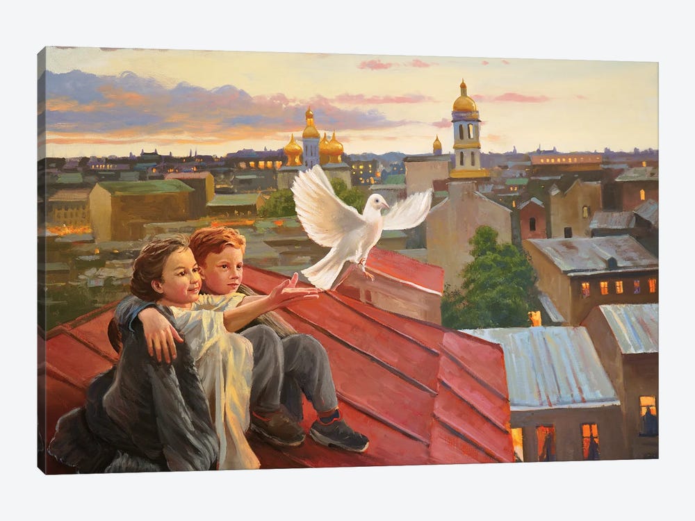 Children With A Pigeon by Evgeniya Roslik 1-piece Canvas Artwork