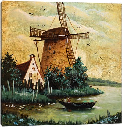 Fishing At The Mill Canvas Art Print - Watermill & Windmill Art