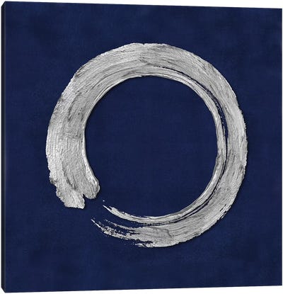 Silver Zen Circle On Blue I Canvas Art Print - Minimalist Living Room
