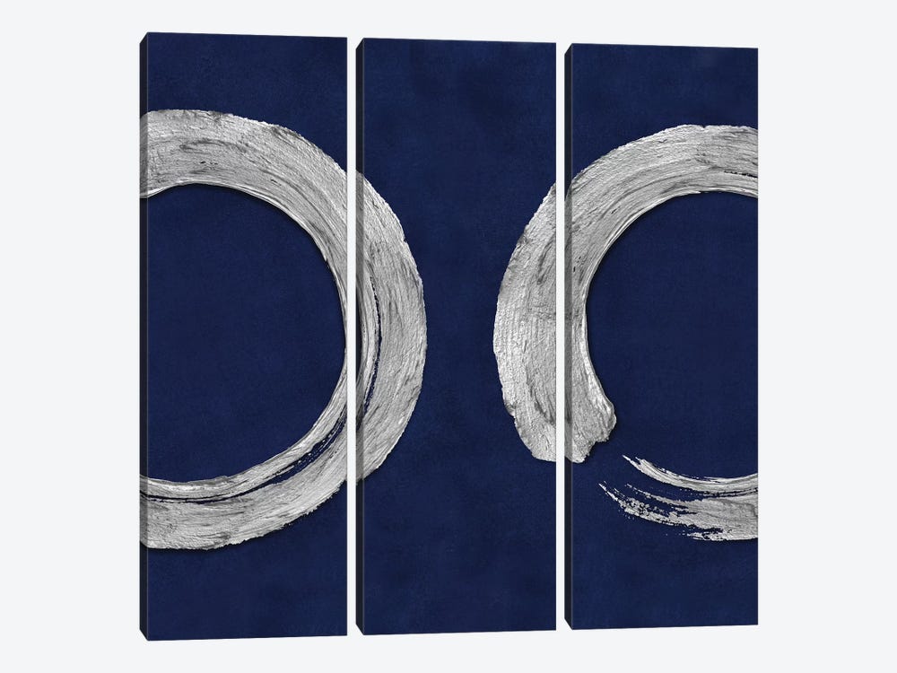 Silver Zen Circle On Blue II by Ellie Roberts 3-piece Canvas Art Print
