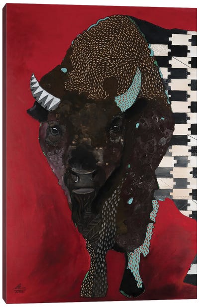 Bison On Red Canvas Art Print - Embellished Animals