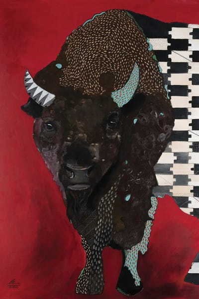 Embellished Animals: Bison On Red by Emily Reid
