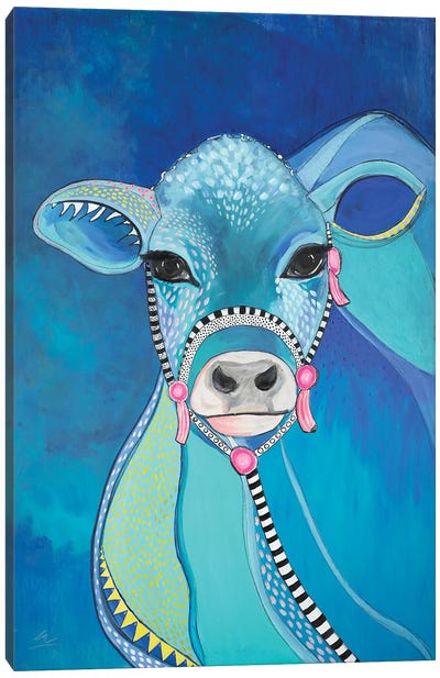 Blue Cow Canvas Art Print - Embellished Animals