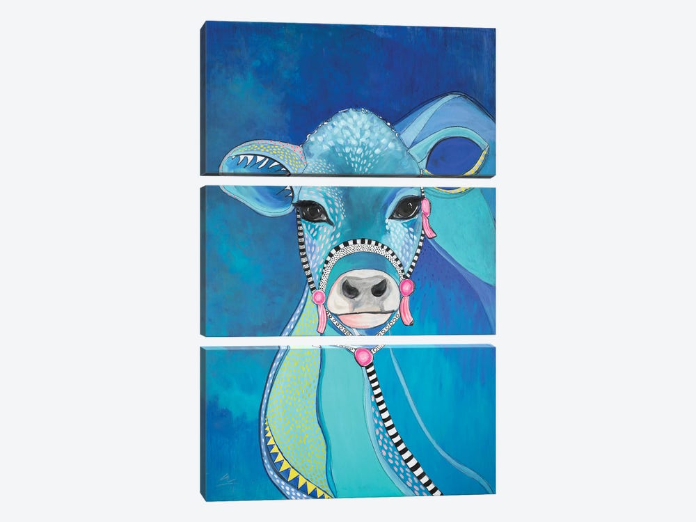 Blue Cow by Emily Reid 3-piece Canvas Wall Art