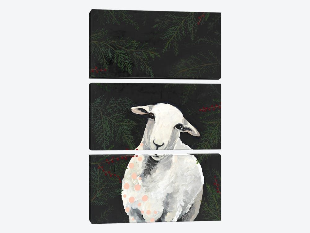 Lamb And Pine Tree Branches by Emily Reid 3-piece Canvas Print