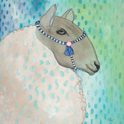 Sheep With Blue And Green by Emily Reid framed canvas print