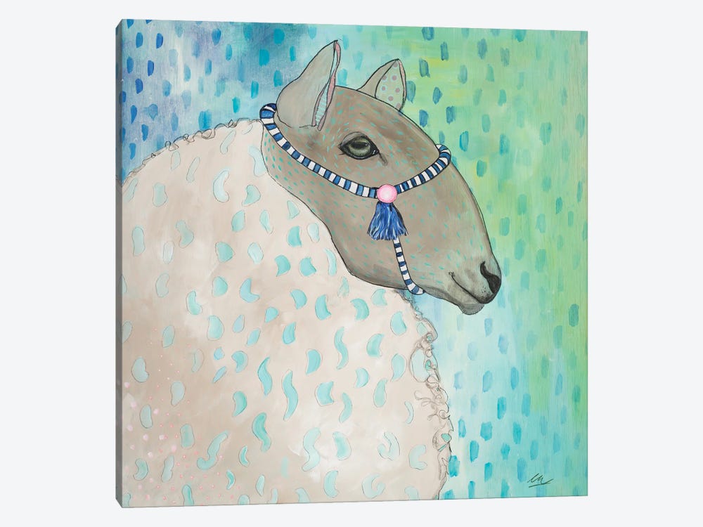 Sheep With Blue And Green by Emily Reid 1-piece Canvas Wall Art