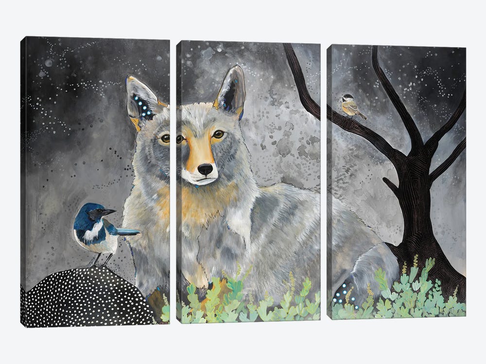 Wolf And Birds by Emily Reid 3-piece Canvas Art Print