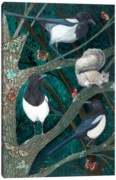 Magpies At Night Canvas Art Print - Cabin & Lodge Décor