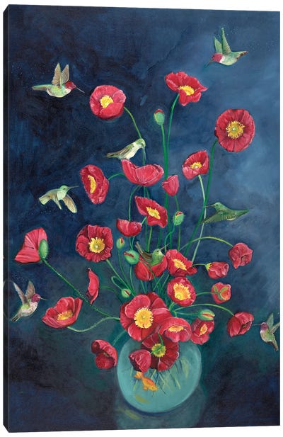 Hummingbirds And Poppies Canvas Art Print - Blue Art