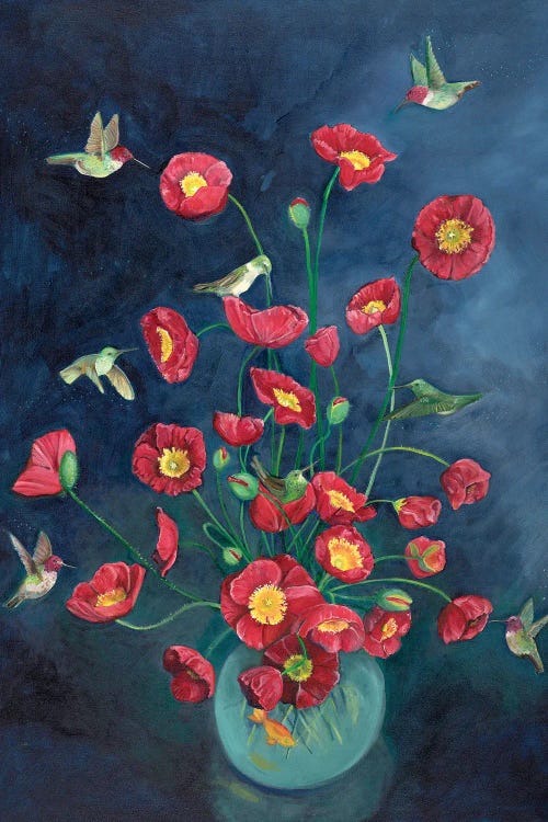 Hummingbirds And Poppies by Emily Reid wall art