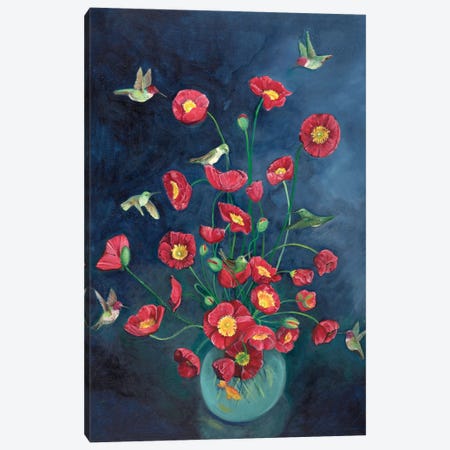 Hummingbirds And Poppies Canvas Print #ERZ53} by Emily Reid Canvas Artwork