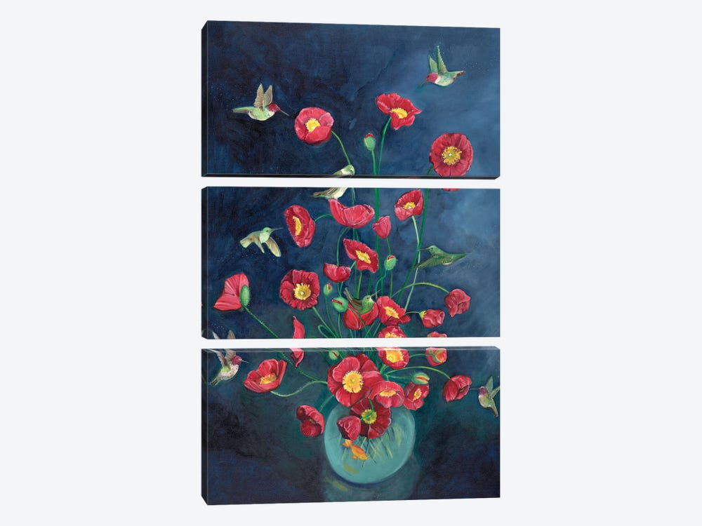 Hummingbirds And Poppies by Emily Reid 3-piece Canvas Art Print