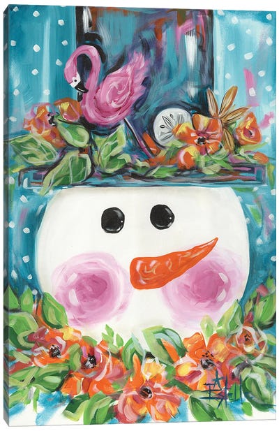 Snowman With Flamingo Hat Canvas Art Print - Coastal Christmas Décor
