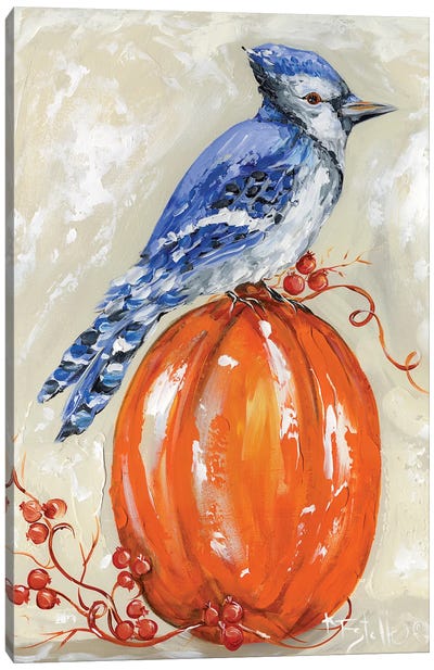 Bluejay On Pumpkin Canvas Art Print - Jay Art