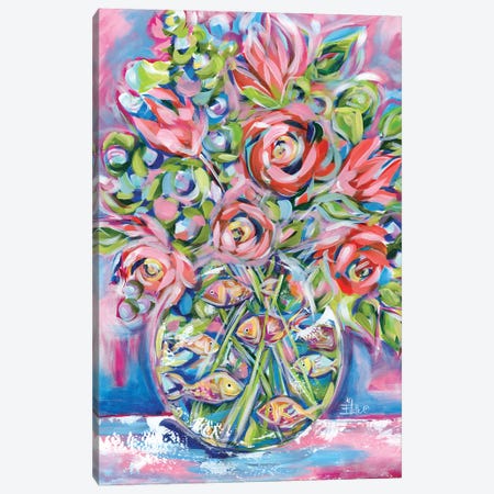 Flowers And Gold Fish Canvas Print #ESG170} by Estelle Grengs Art Print