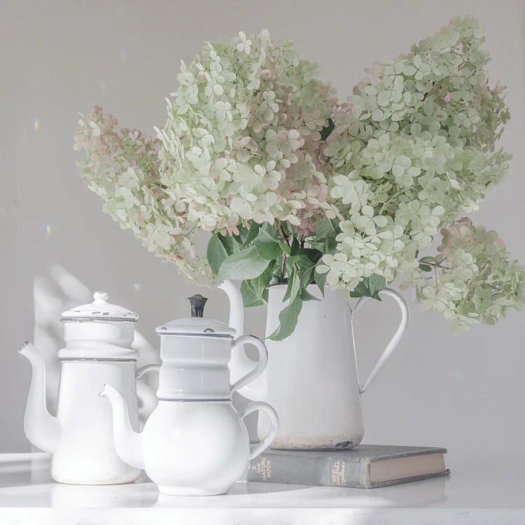 Antique Percolators With White Hydrangeas by Erin Sparler wall art