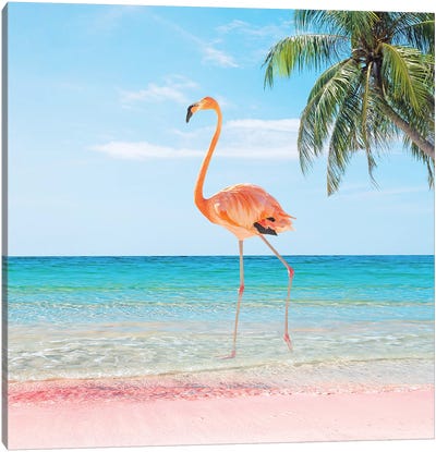 Beach Strut Canvas Art Print - Flamingo Art