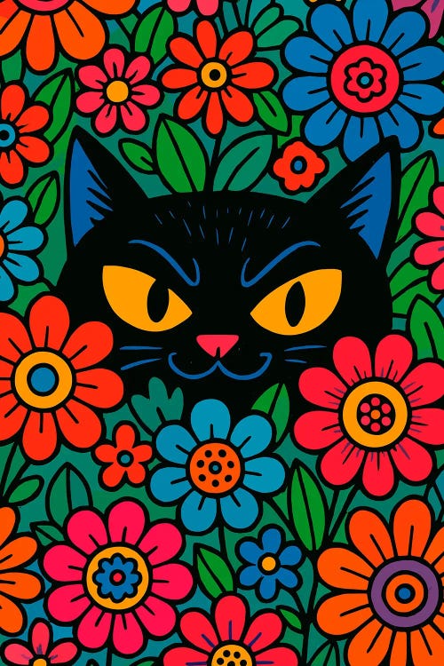 Black Cat In Flowers by Edson Ramos wall art